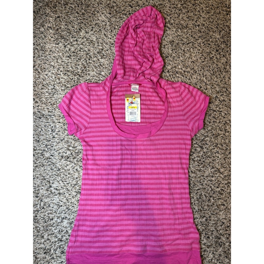 Y2K Fitted Unionbay Red & Pink Striped Short Sleeve Hoodie Top MEDIUM